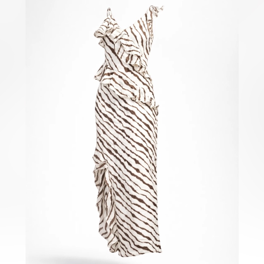 Sleeveless V-Neck Ruffle Maxi Dress in Ivory and Brown Zebra Stripe